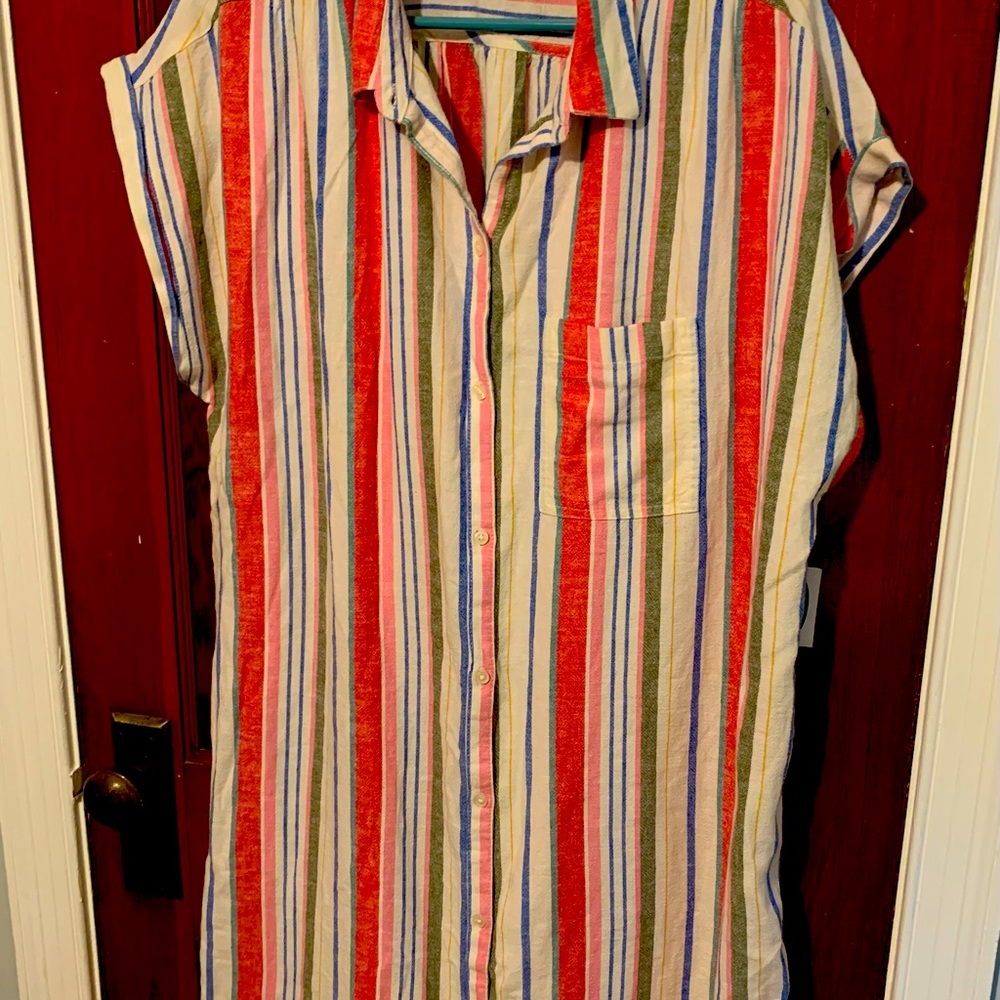 Colorful Striped Linen Short Sleeved Tunic Dress